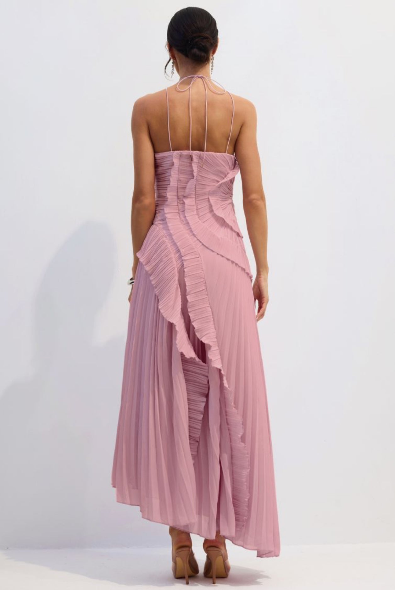 Pink Asymmetry Pleated Halterneck Midi Dress