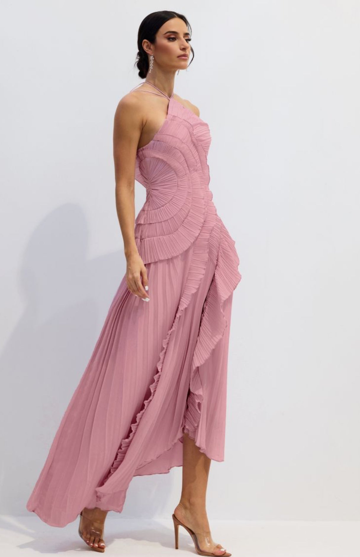 Pink Asymmetry Pleated Halterneck Midi Dress