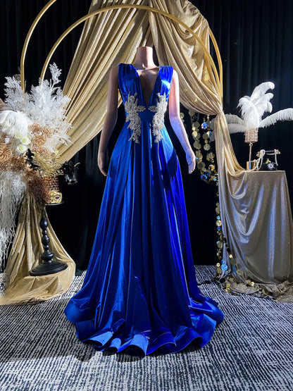 Luxury Satin Evening Dress in Dark Blue with sparkly details, maxi length, and elegant satin finish.