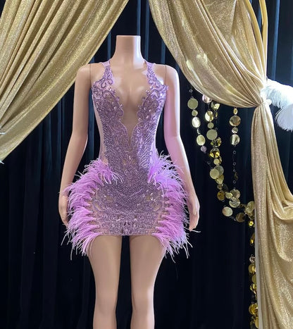 Purple Mini Dress With Rhinestone