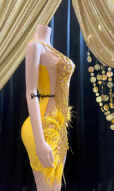 A vibrant yellow mini dress adorned with feathers and rhinestones, perfect for glamorous events and parties.