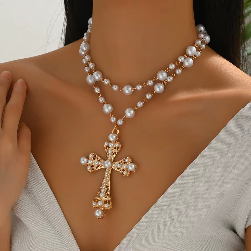 Queen Pearl Oversized Cross Necklace – Punk-Inspired