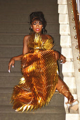 Gold side slit dress with metallic feathers, luxury evening wear