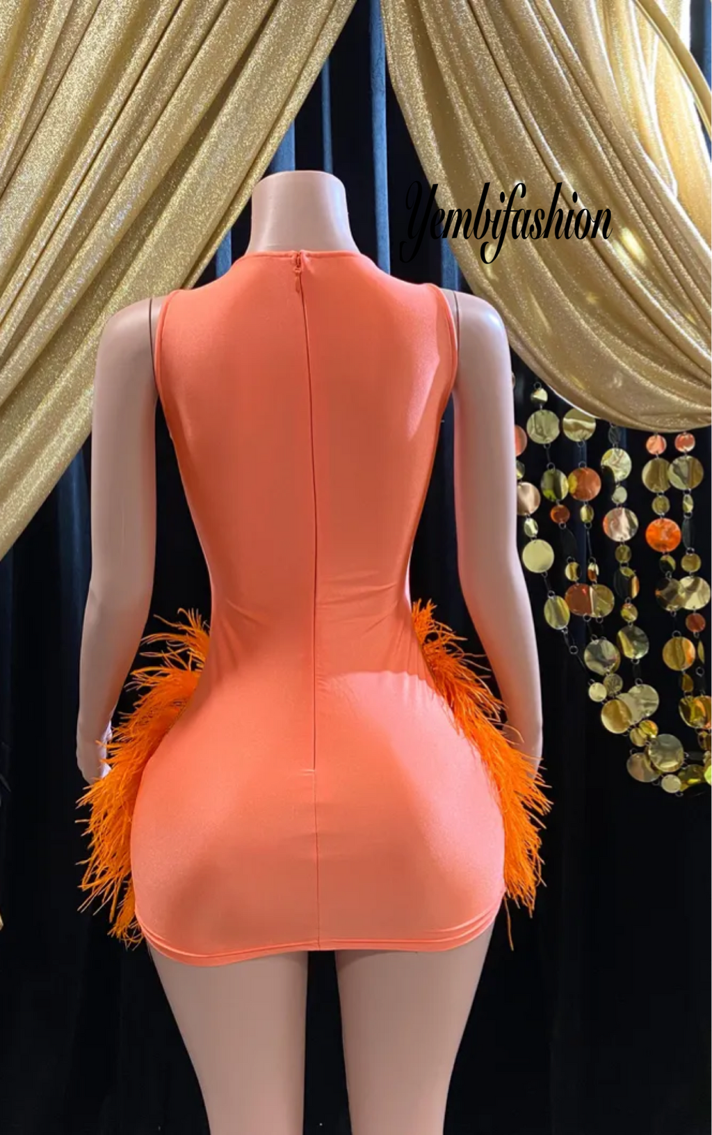 A vibrant Orange Feather Halter Rhinestone Applique Birthday Dress with a halter neckline, feather accents, and sparkling rhinestone applique, ideal for special occasions like birthdays and parties.