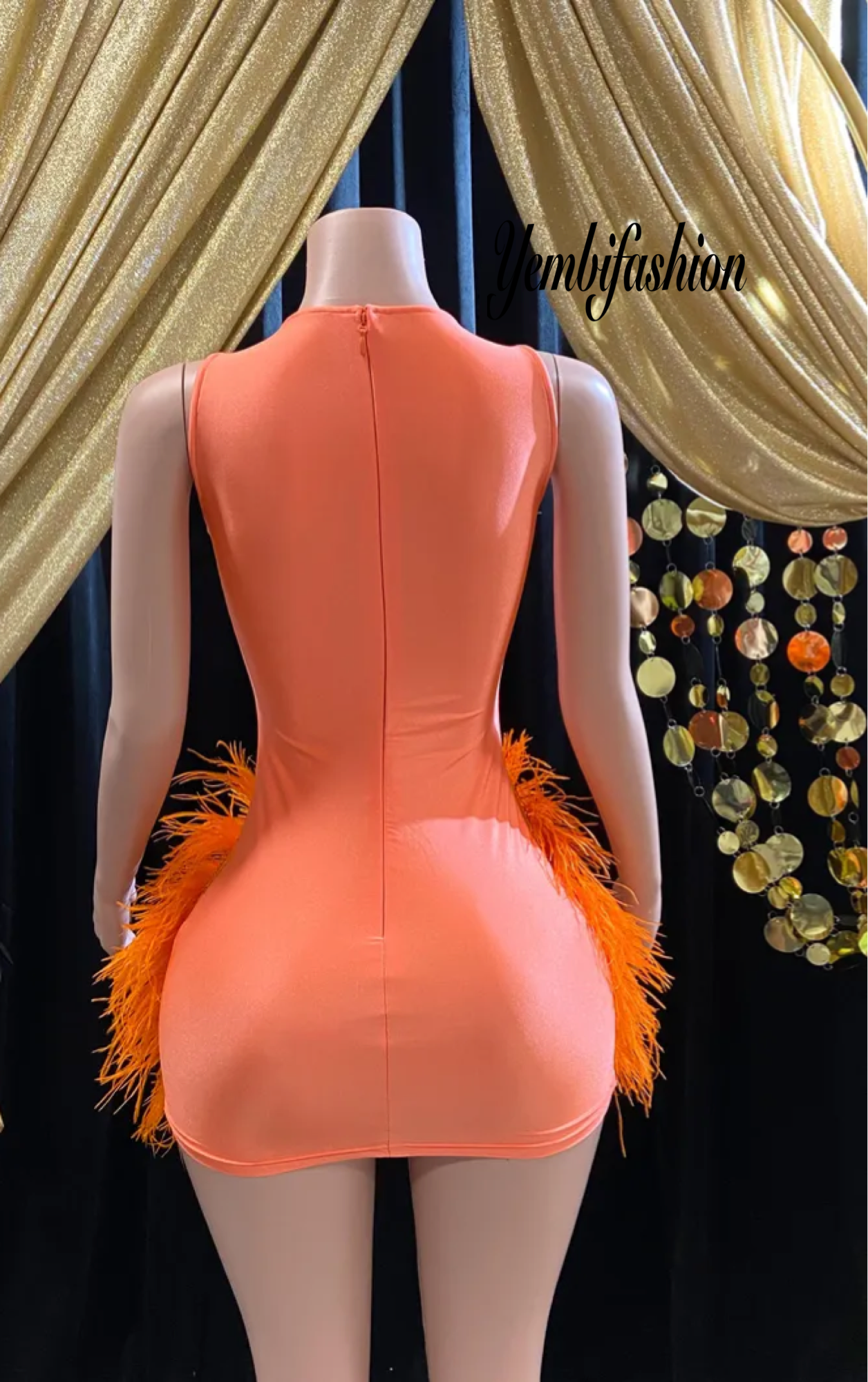 A vibrant Orange Feather Halter Rhinestone Applique Birthday Dress with a halter neckline, feather accents, and sparkling rhinestone applique, ideal for special occasions like birthdays and parties.
