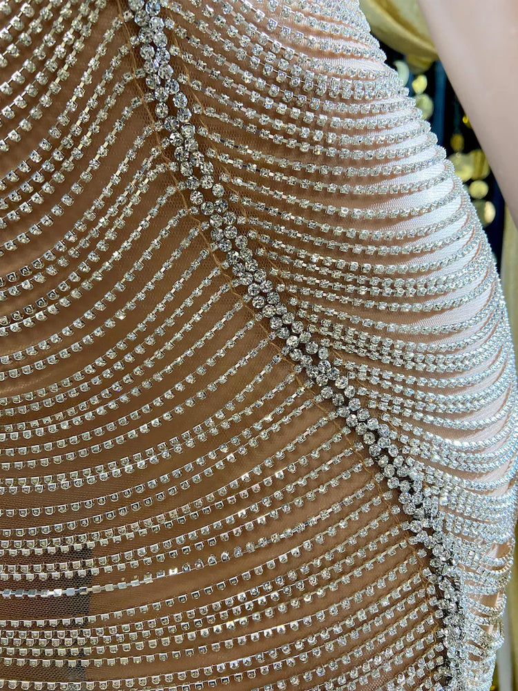 A sparkling Crystal Silver Bling Rhinestone Birthday Dress for ladies, featuring shimmering rhinestones and elegant details, perfect for special occasions.