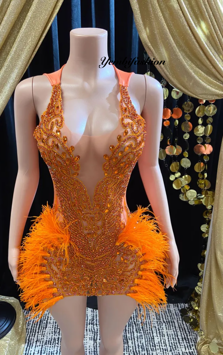 A vibrant Orange Feather Halter Rhinestone Applique Birthday Dress with a halter neckline, feather accents, and sparkling rhinestone applique, ideal for special occasions like birthdays and parties.