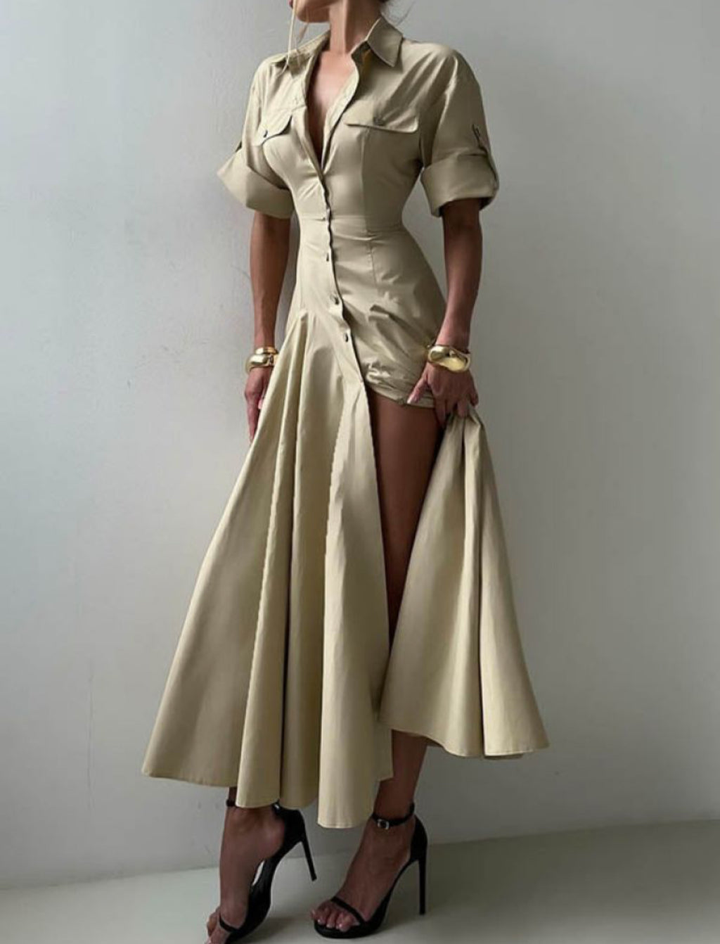 Short Sleeves Buttoned Solid Color Lapel Maxi Dresse