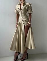 Collared cotton A-line maxi shirt dress