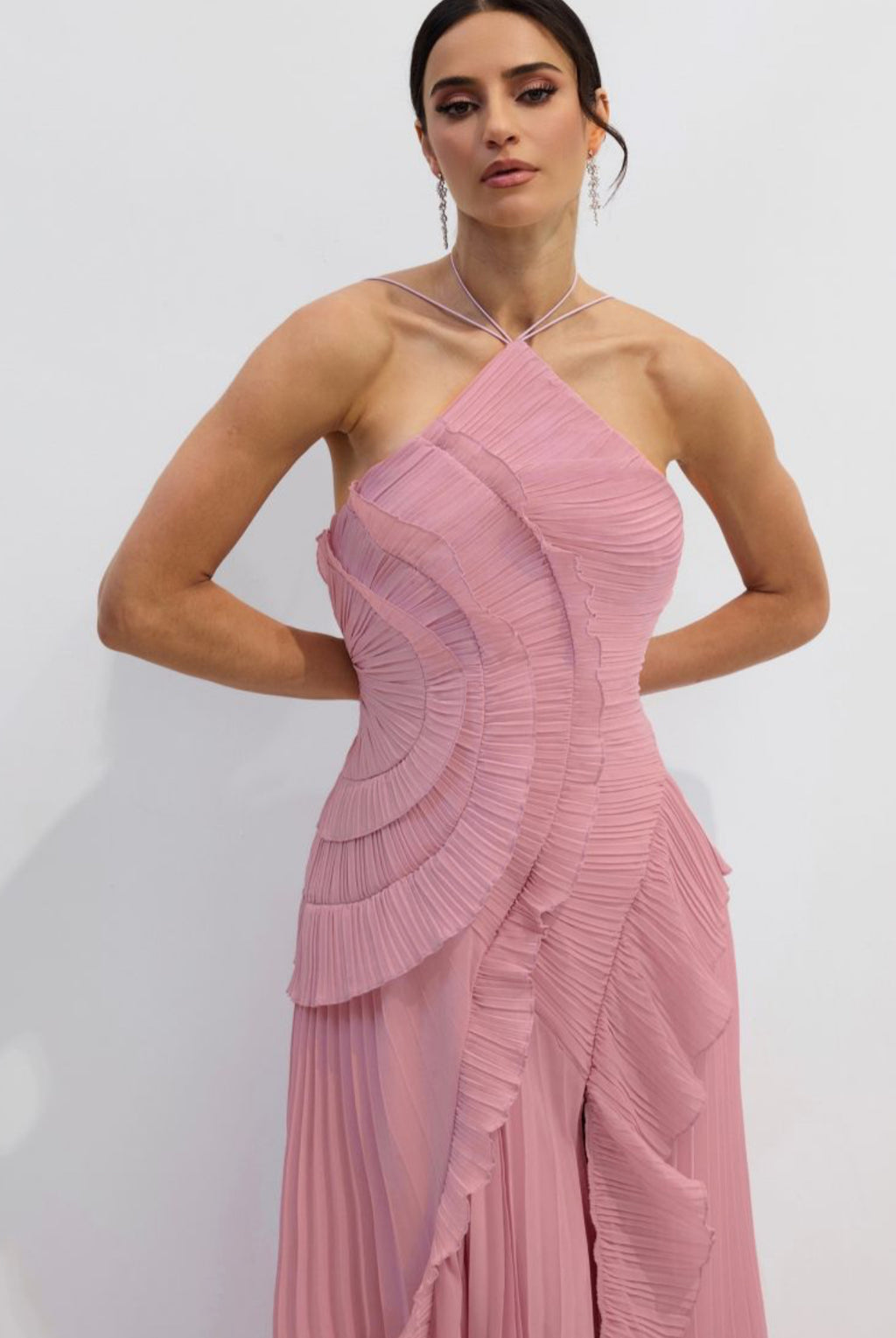 Pink Asymmetry Pleated Halterneck Midi Dress