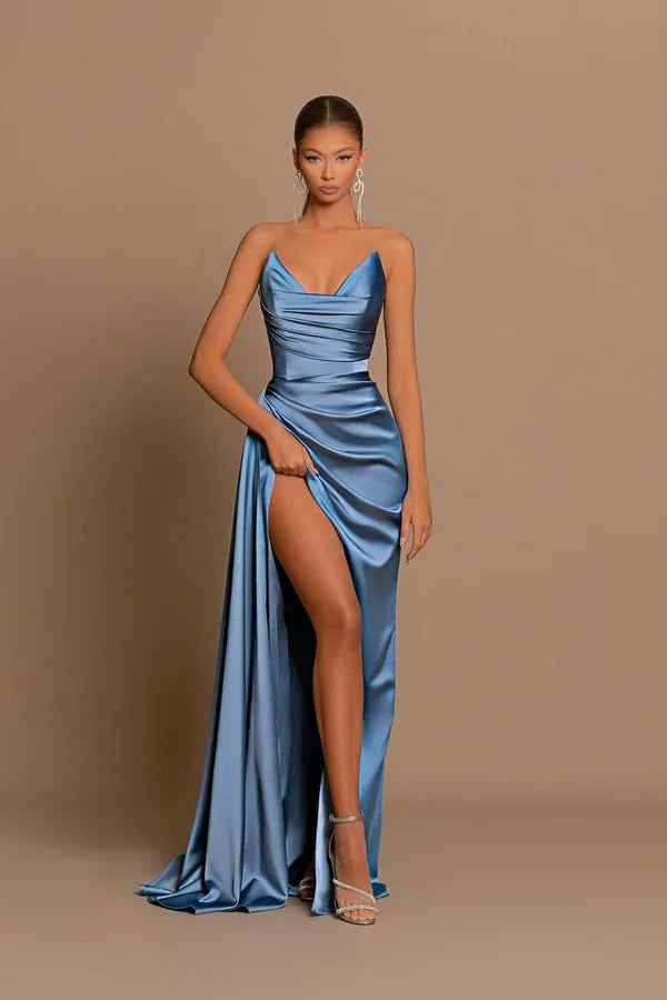 Sweetheart Dusty Blue Evening Dress Mermaid Long Slit With Pleats - Yembifashion 