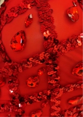 Red sparkly sequins bodysuit with intricate embellishments, perfect for cocktail events or special occasions.