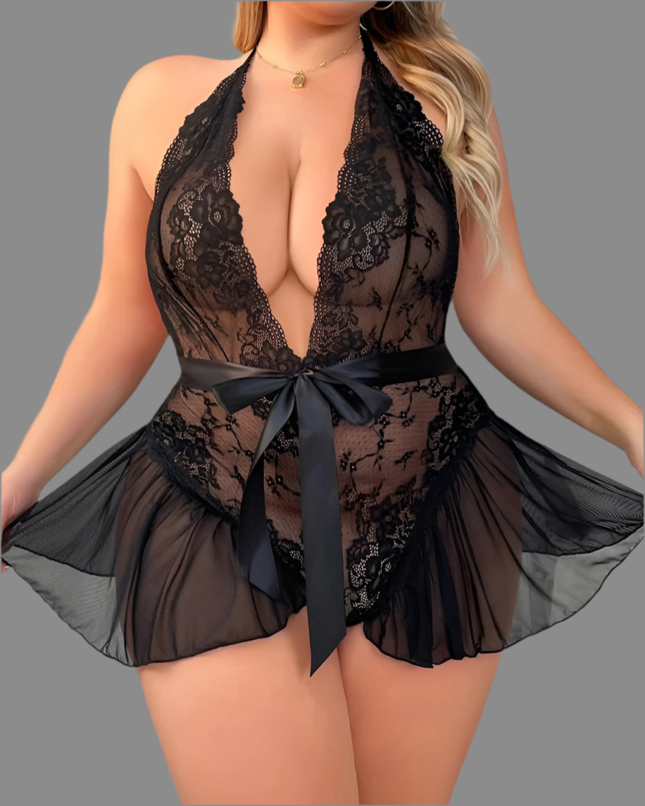 Flower Lace Open Crotch Suspender Backless Nightgown – Sexy Lingerie Dress for Women