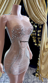 A sparkling Crystal Silver Bling Rhinestone Birthday Dress for ladies, featuring shimmering rhinestones and elegant details, perfect for special occasions.