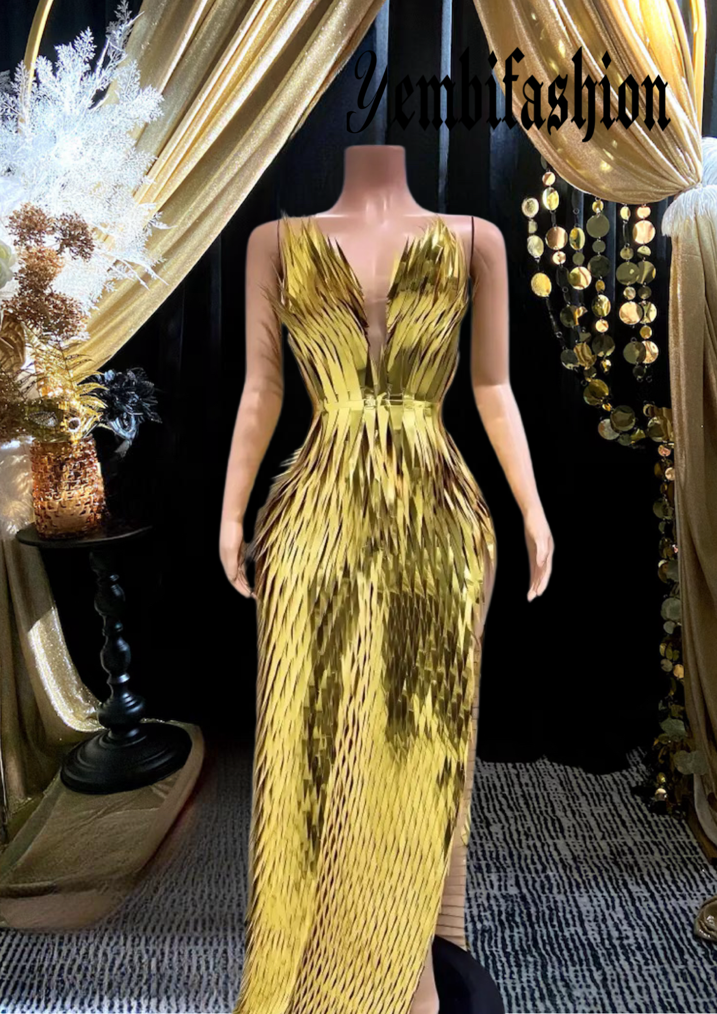 Gold side slit dress with metallic feathers, luxury evening wear