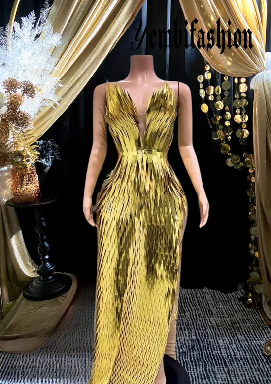 Gold side slit dress with metallic feathers, luxury evening wear