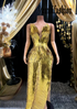Gold side slit dress with metallic feathers, luxury evening wear