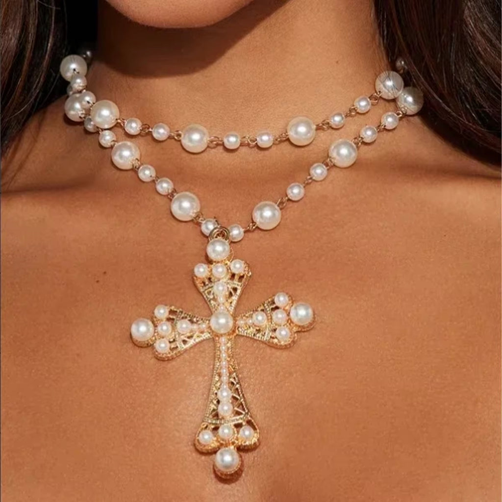 Queen Pearl Oversized Cross Necklace – Punk-Inspired