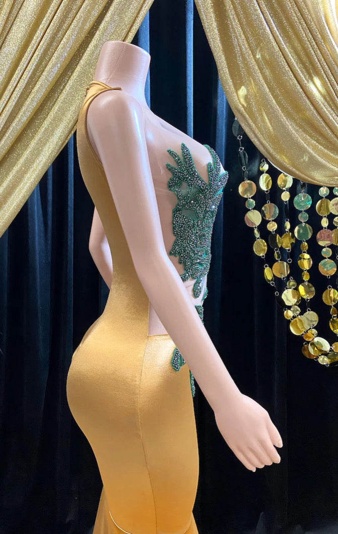 Formal wedding guest dress with rhinestone embellishments, featuring a stunning long design