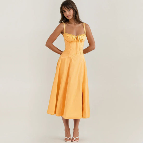 French style lace-up A-line maxi dress – elegant high waist long dress”