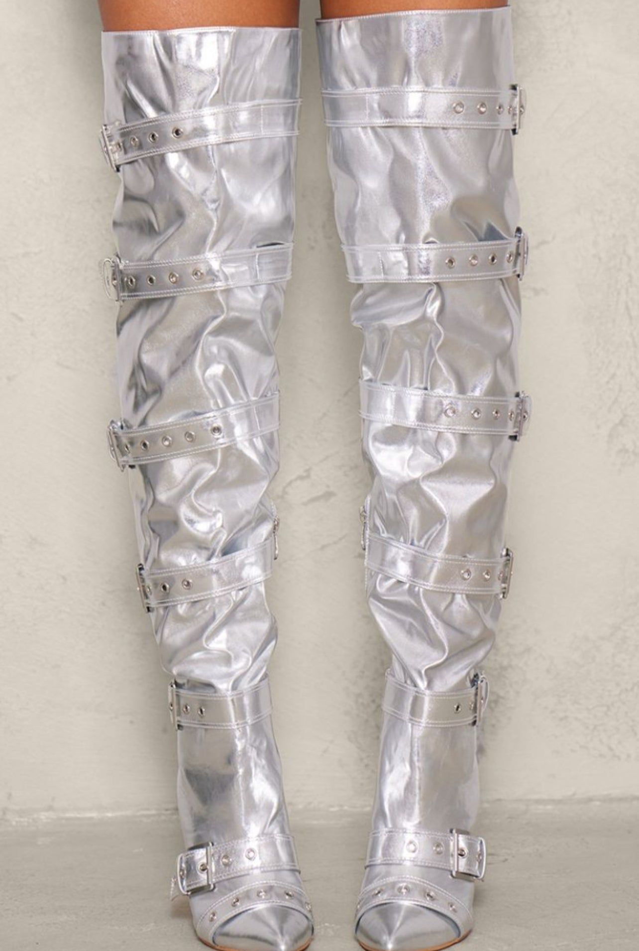 Silver Point Toe knee Block Heels Boot