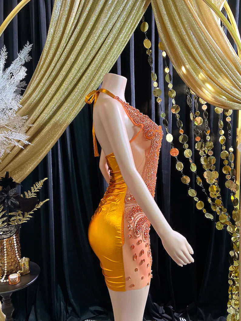 Orange Mini Dress-Embellished Dress