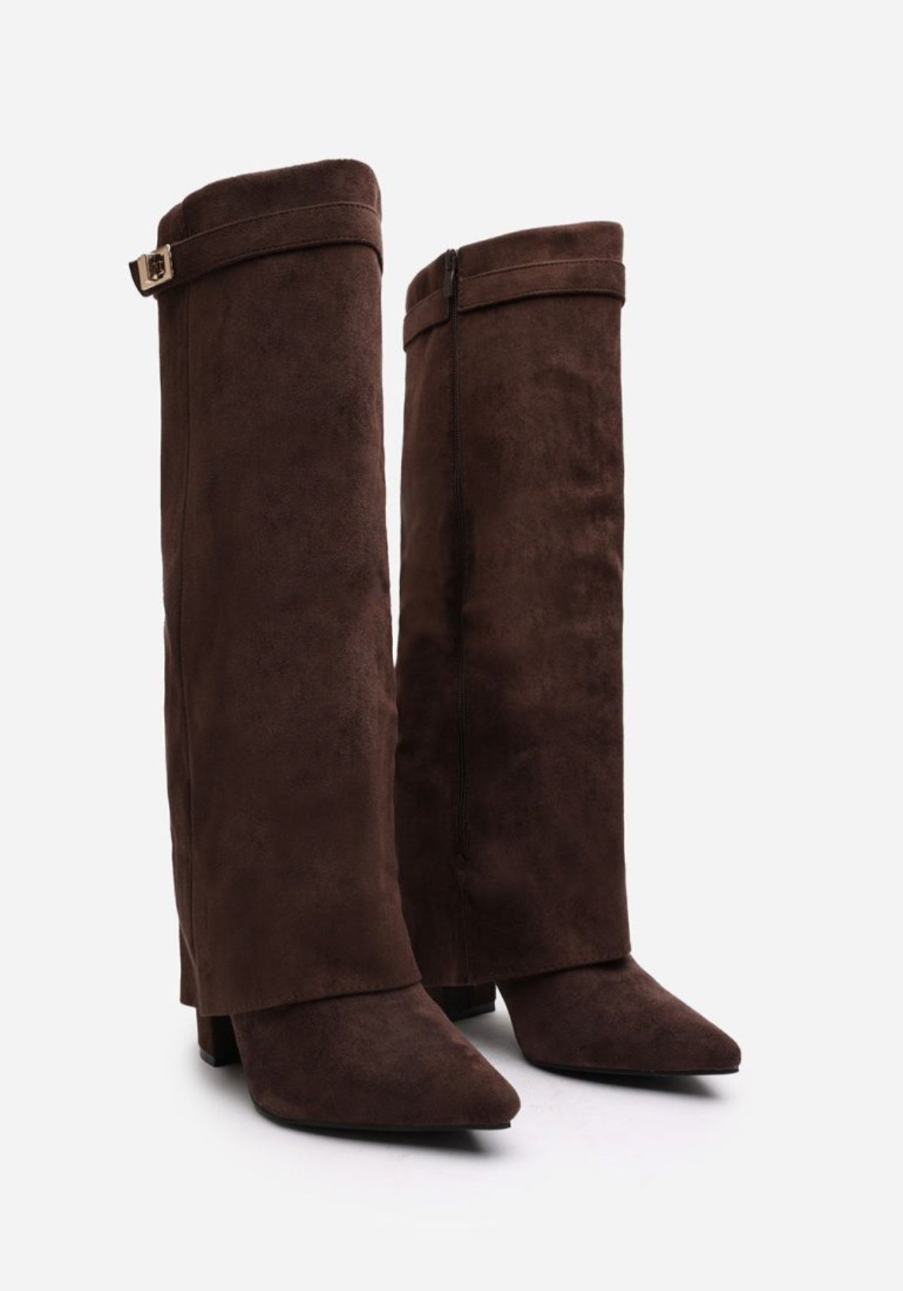 High Block Heel Boots in brown Swede Faux Leather