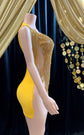 Eve Embellished Mini Dress in Gold with intricate rhinestone detailing, perfect for glamorous events and special occasions."