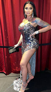 Mirror Evening Dress with intricate embellishments and glitter details, perfect for formal occasions.