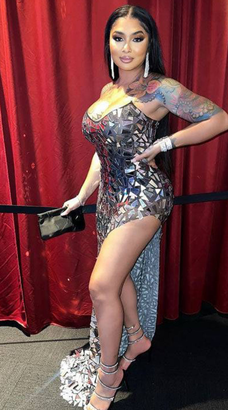 Mirror Evening Dress with intricate embellishments and glitter details, perfect for formal occasions.