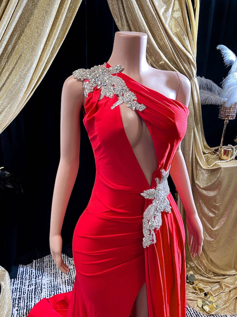 Red Mermaid Dress –Red Crystal Rhinestone Appliqué Birthday Dress