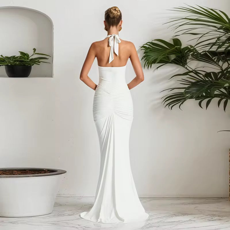 Elegant Halter V-Neck Backless Pleated Dress with Lace-Up Detail – Women’s Evening Dress