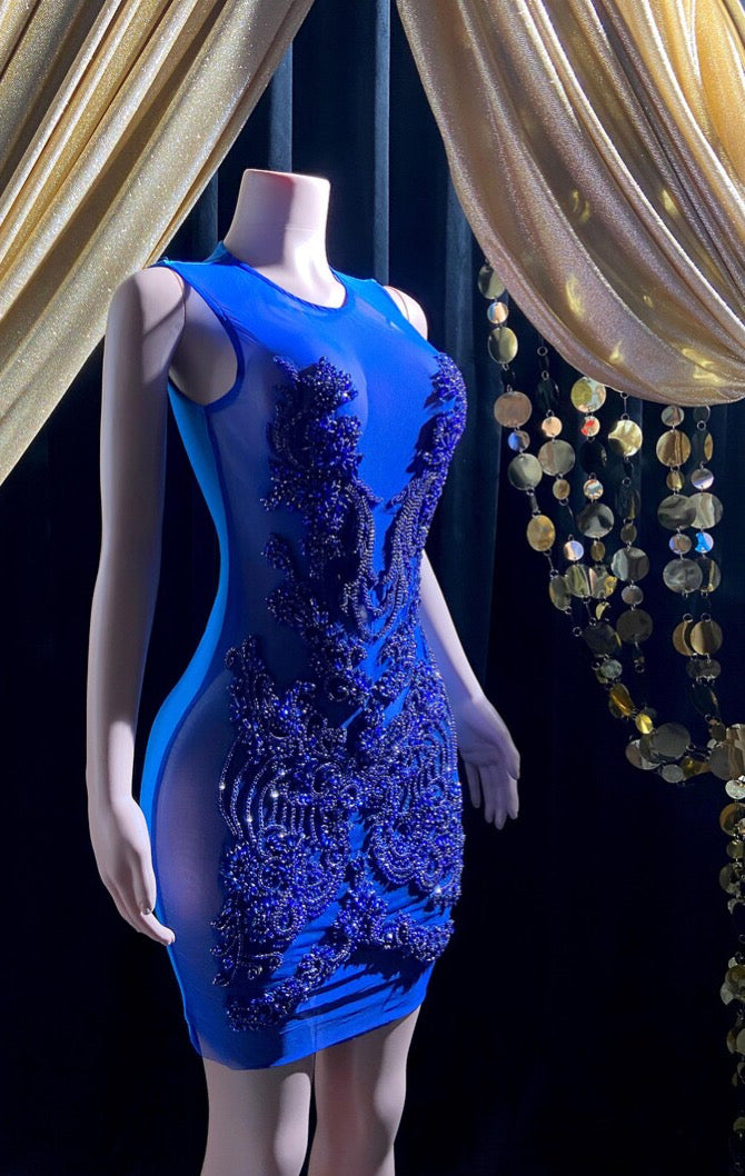 A stunning royal blue embellished mini dress with sparkling rhinestones, ideal for prom or formal events.