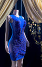 A stunning royal blue embellished mini dress with sparkling rhinestones, ideal for prom or formal events.