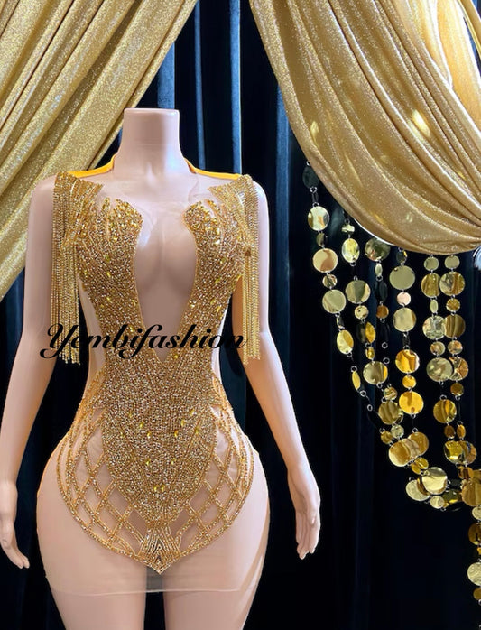 Eve Embellished Mini Dress in Gold with intricate rhinestone detailing, perfect for glamorous events and special occasions."