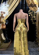 Gold side slit dress with metallic feathers, luxury evening wear