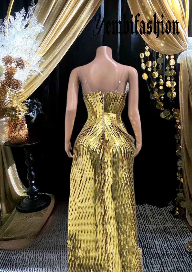 Gold side slit dress with metallic feathers, luxury evening wear