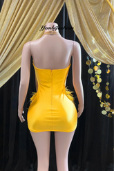 A gold crystal rhinestone birthday party dress with intricate crystal detailing, perfect for glamorous events like birthdays or cocktail parties.