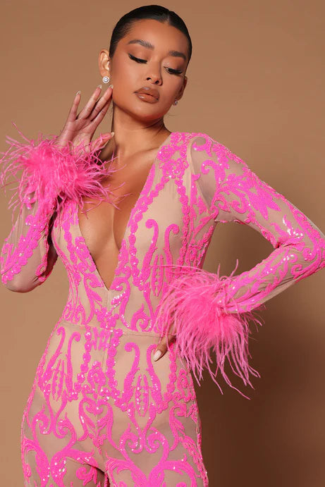 Lorry Sequin Feather Jumpsuit - Pink