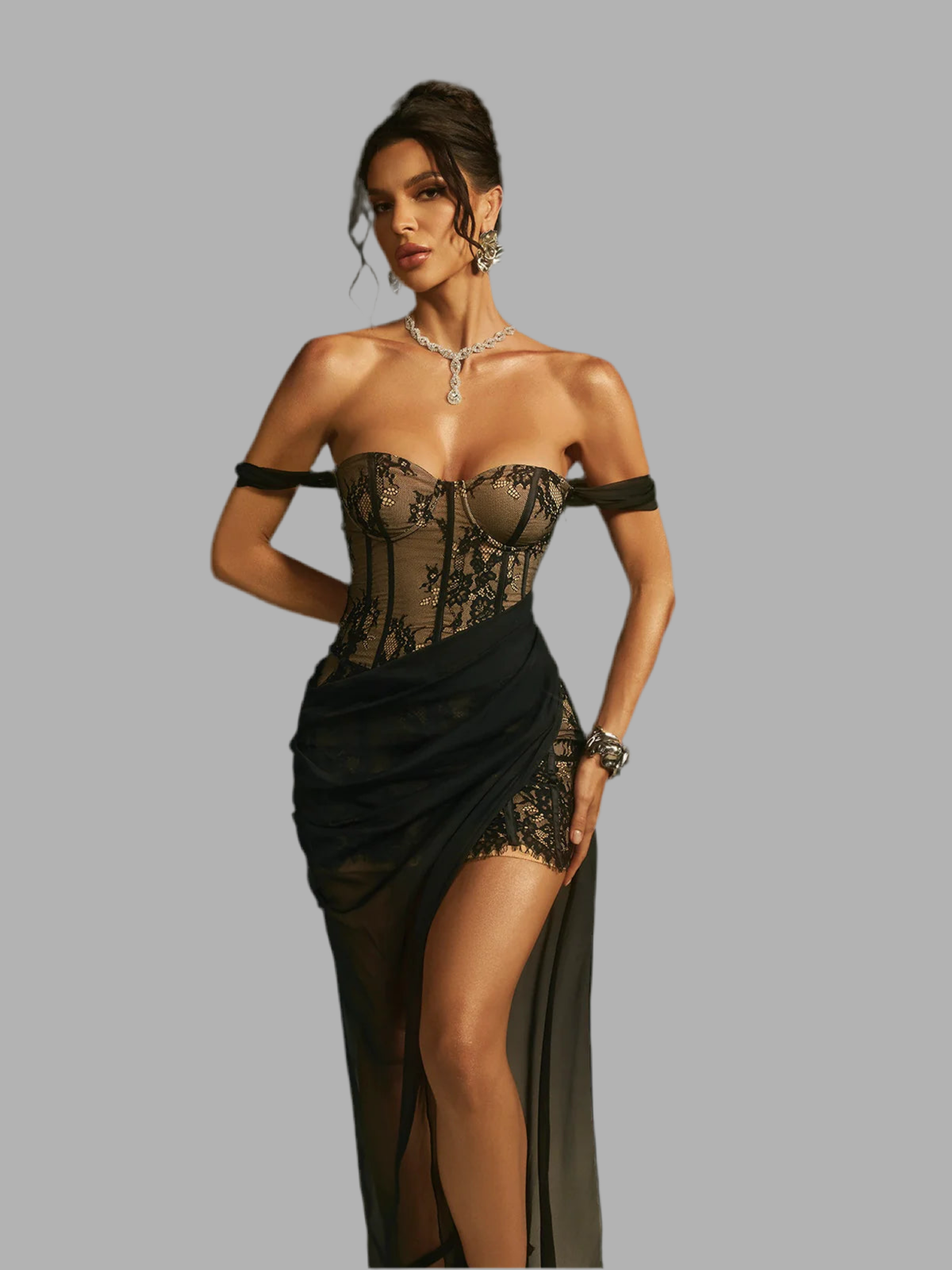 Katy off shoulder lace and mesh maxi dress