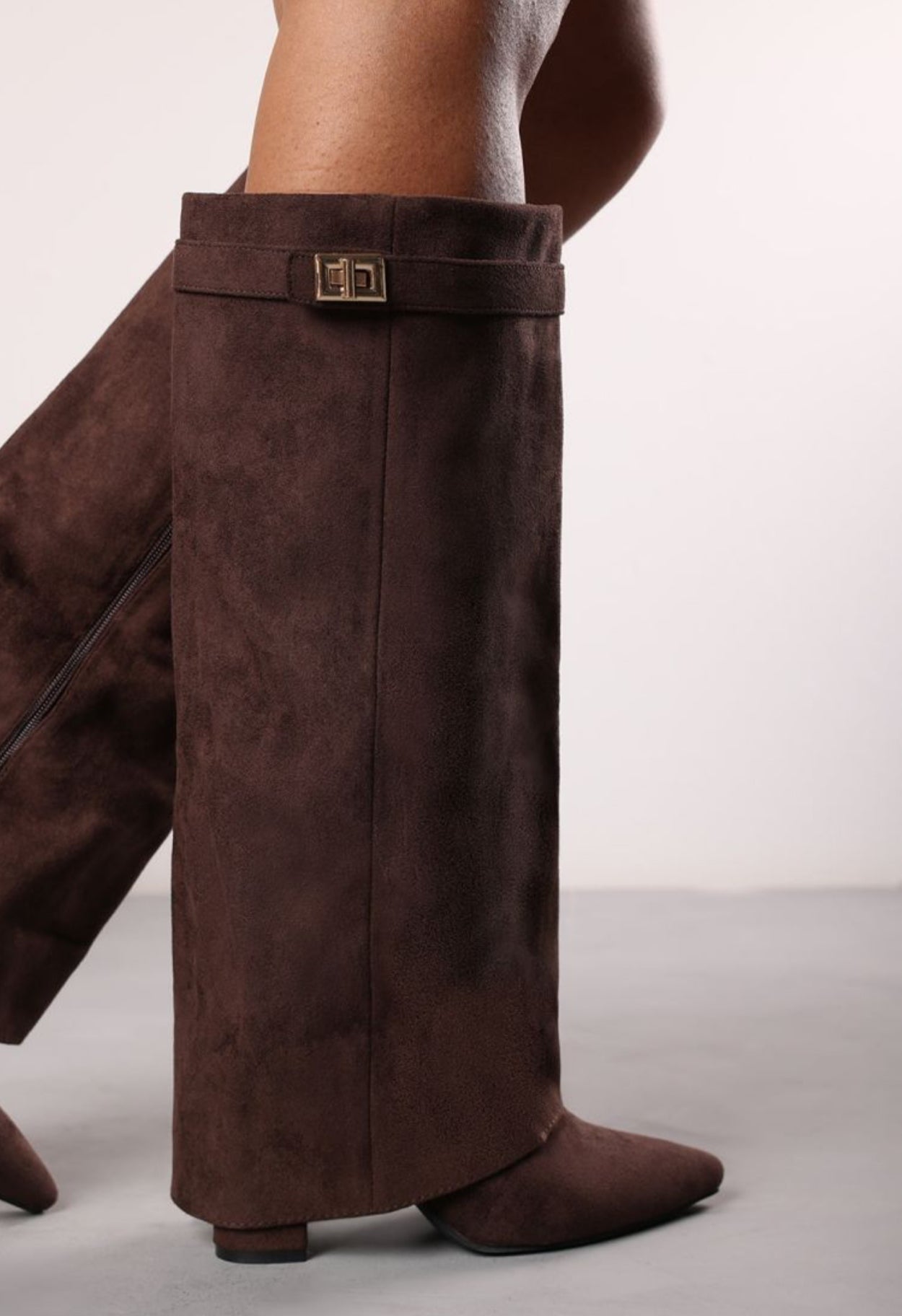 High Block Heel Boots in brown Swede Faux Leather