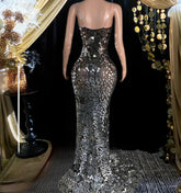 Mirror Evening Dress with intricate embellishments and glitter details, perfect for formal occasions.