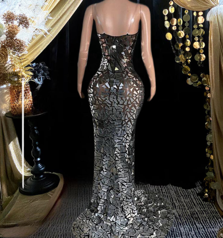 Mirror Evening Dress with intricate embellishments and glitter details, perfect for formal occasions.