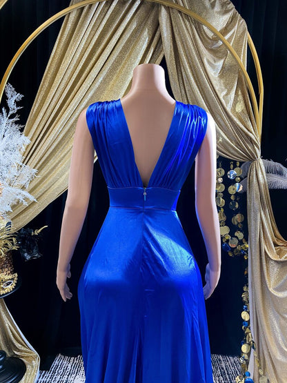 Luxury Satin Evening Dress in Dark Blue with sparkly details, maxi length, and elegant satin finish.