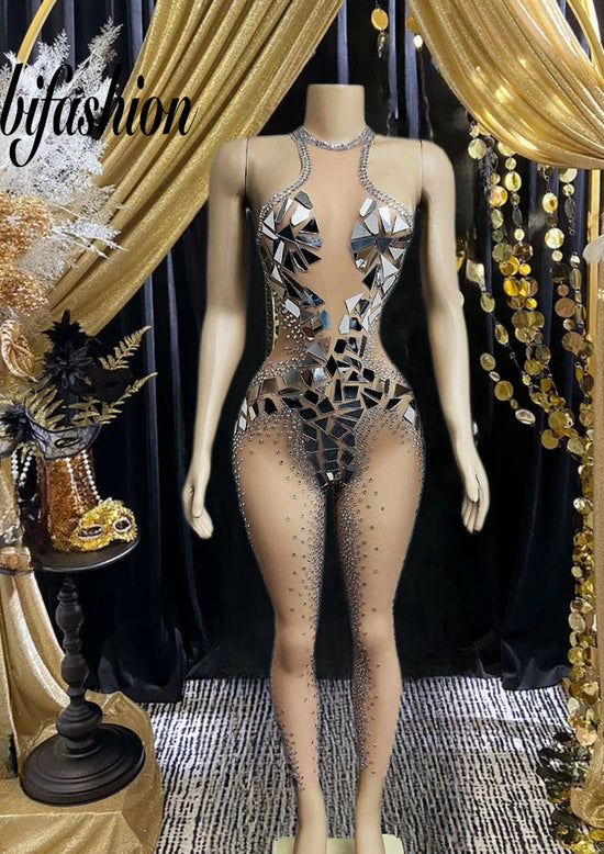  Silver bodysuit with mirror accents, sleek and reflective design for parties or festivals.