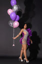 Purple Rhinestone Feather Dress - Elegant mini dress with sparkling rhinestones and feathers, perfect for birthdays and special occasions.