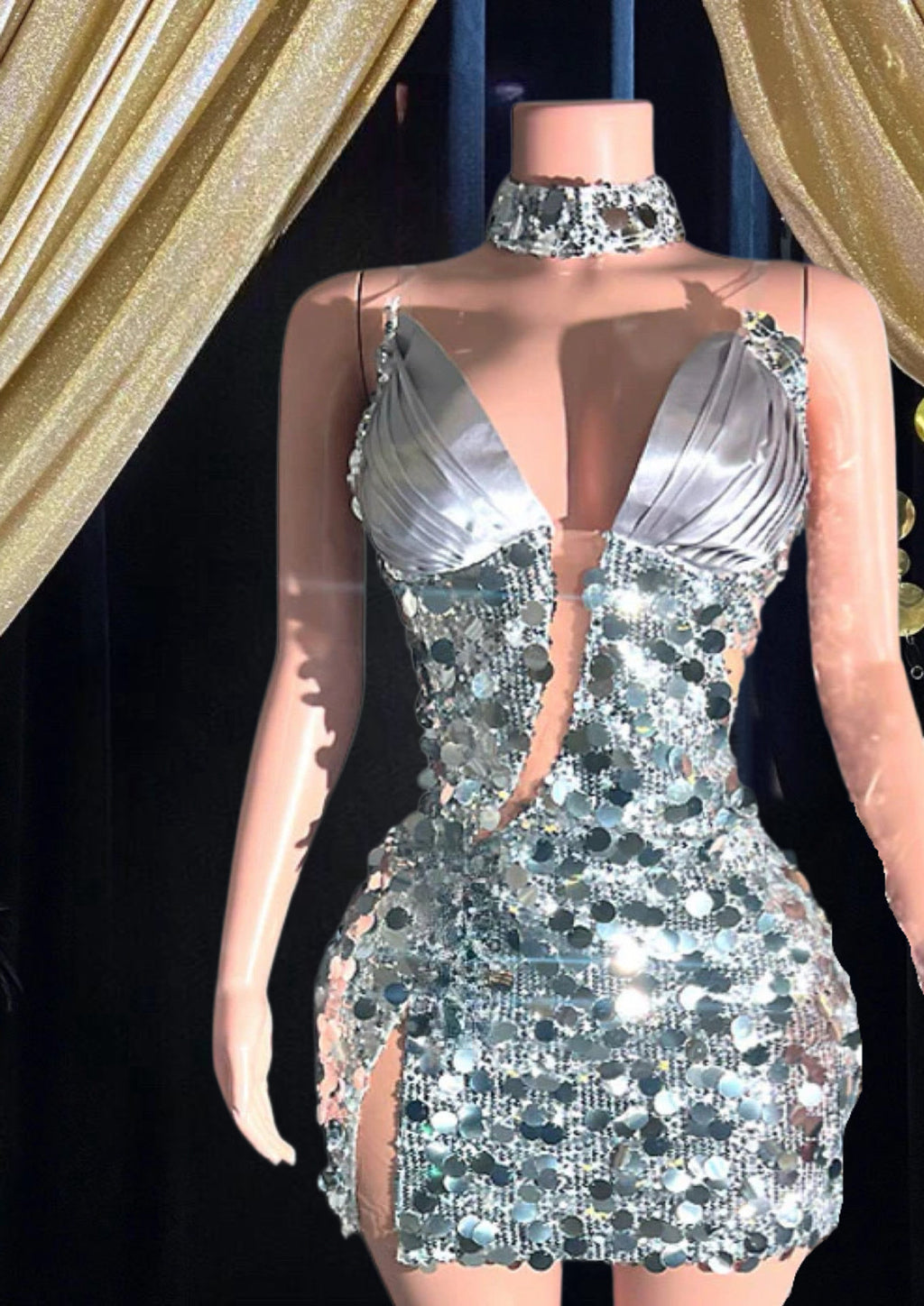 A sparkling Sequins Mini Dress with diamante embellishments, perfect for cocktail parties and special events.
