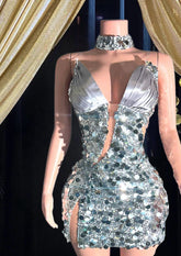 A sparkling Sequins Mini Dress with diamante embellishments, perfect for cocktail parties and special events.
