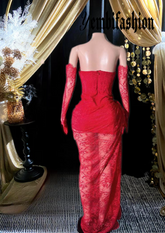 A glamorous red lace long dress with intricate details, designed as a versatile set dress for formal occasions.