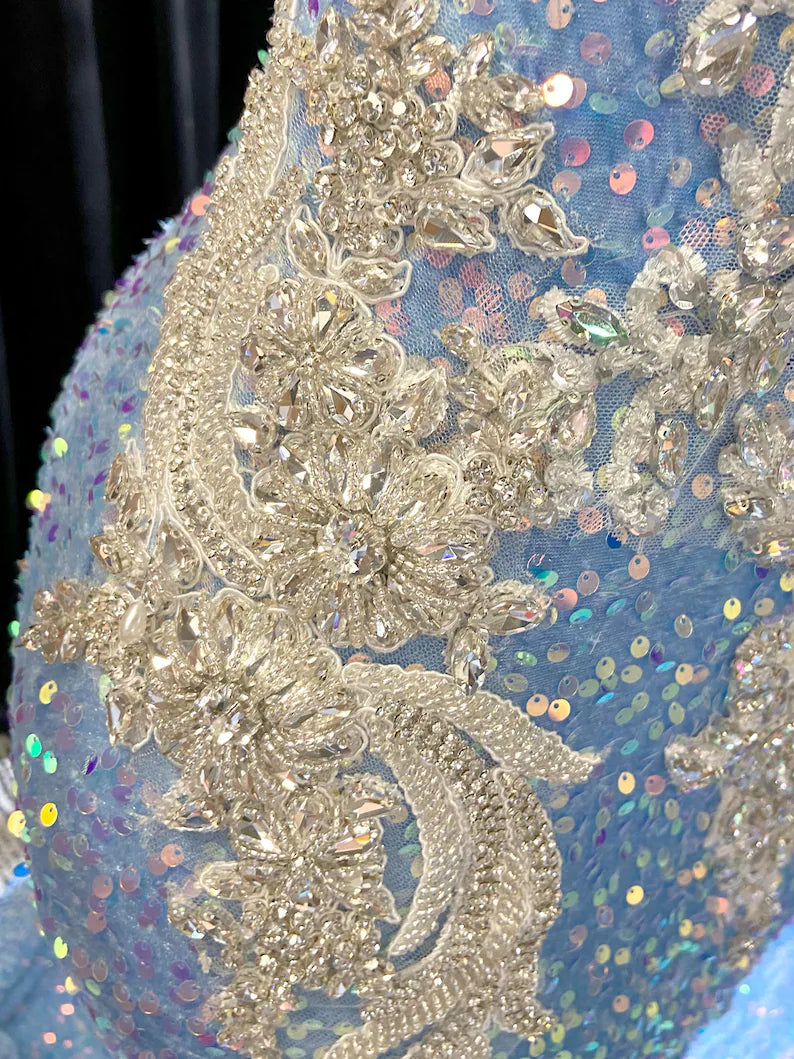 Off Shoulder Sequins Evening Dress with glitter accents, perfect for formal occasions or parties.